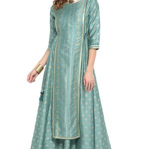 Janasya Women's Light Green Printed Poly Silk Ethnic Dress